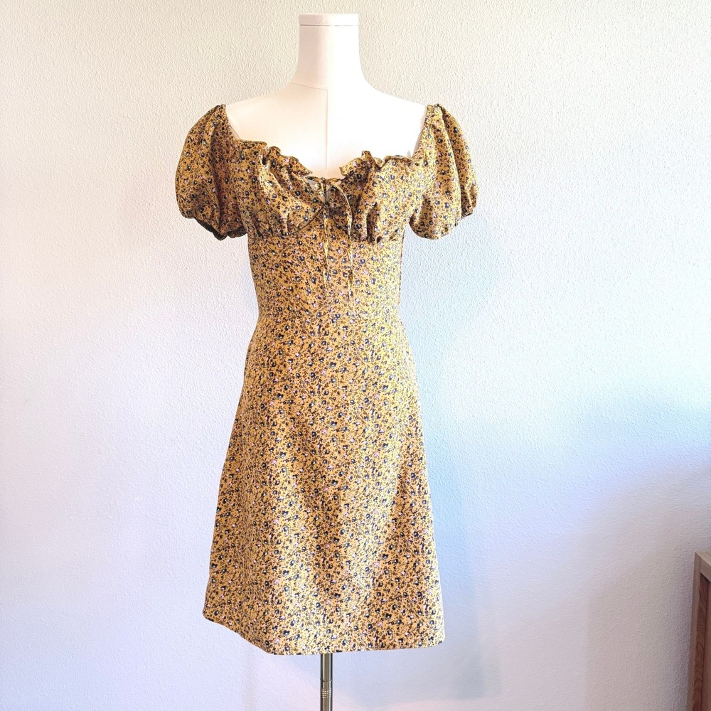 Mustard Floral Puff Sleeve Mini Dress Princess Cottagecore Romantic Summer Small